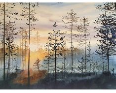 a painting of trees with the sun setting in the background