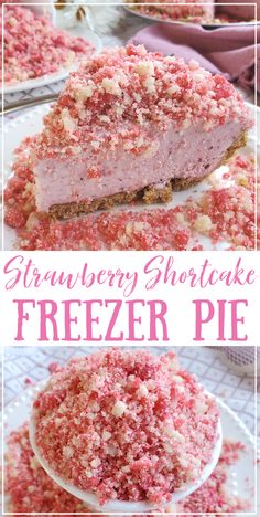 strawberry shortcake freezer pie on a white plate with pink sprinkles