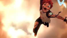 an animated image of a woman flying through the air with her arms out and hands in the air