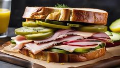 a sandwich with ham, cucumbers and pickles on a cutting board next to a glass of orange juice