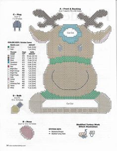 a cross stitch pattern of a reindeer with green and blue trimmings on it's chest