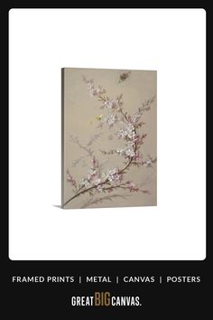 a painting with white flowers on it and the words, framed prints metal canvass posters