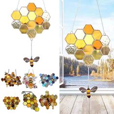 the bees and honeycombs wind chime are hanging from chains, along with other decorations