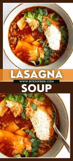 two bowls of lasagna soup with spinach, cheese and parmesan