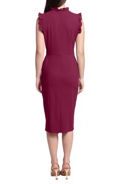 A cap sleeve woven sheath dress features a frilly ruffled trim on the neckline. . Ruffled mock neck. Cap sleeves. Hidden back zip closure. Solid. Woven construction. Imported Maggy London, Polished Look, Cap Sleeve, Sheath Dress, Mock Neck, Cap Sleeves, Peplum Dress, Nordstrom Rack, Raspberry