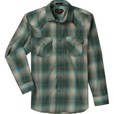 Put on the Pendleton Frontier Shirt and look like you just spent time on the wide-open frontier, minus the funky cow-pie smell. The cotton and polyester blend fabric keeps warm on rugged camping trips, yet is lightweight and perfect for a cool-weather hike, whether you get there on foot or on horseback. Western Style Long Sleeve Tops For Outdoor, Western Long Sleeve Tops For Outdoor, Rugged Long Sleeve Shirt For Outdoor, Green Shirt For Fall Outdoor Activities, Green Shirt For Outdoor Fall Activities, Green Shirt For Fall Outdoor Events, Green Fall Outdoor Shirt, On Horseback, Camping Trips