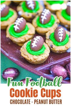 football cookie cups with green frosting and chocolate peanut butter cookies on top, in the shape of footballs