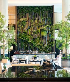 an outdoor dining area with tables, chairs and plants growing on the wall behind it