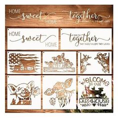 some stickers that are on top of a wooden board with the words home sweet together