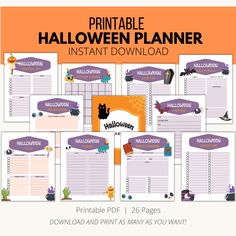 the printable halloween planner is shown in purple and orange colors with black cats on it