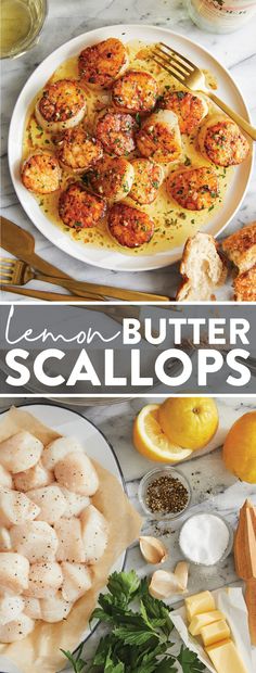 the cover of a cookbook with shrimp and scallops on it, surrounded by other food items