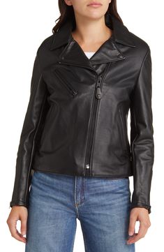 Tonal hardware details and lightweight leather construction lend true biker vibes to a sleek moto jacket made with comfortable stretch. Notched lapels Lined Leather Professional leather clean Made in the USA of imported fabric Biker Vibes, Leather Cleaning, Leather Moto, Leather Moto Jacket, Nordstrom Store, Anniversary Sale, Black Fits, Moto Jacket, Nordstrom