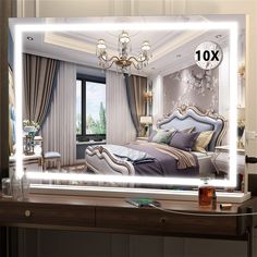 a bedroom with a large mirror on the wall and a bed in front of it