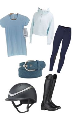 various equestrian gear including riding boots, helmet and t - shirt