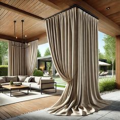 a living room filled with furniture and covered in curtains