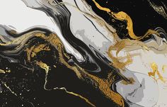 an abstract painting with black, white and gold paint streaks on it's surface