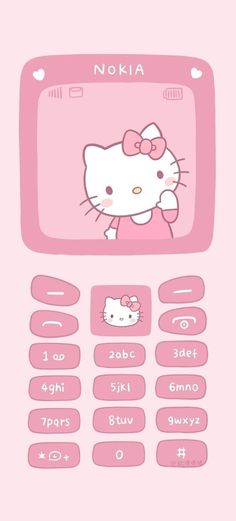 a pink hello kitty cell phone with an image of the hello kitty on it's screen