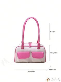 BirdinBag - Colorblock Double Handle Bag - Stylish Medium Square with Front Pocket, Ideal for Daily Use White Rectangular School Box Bag, White Rectangular Shoulder Bag For School, Rectangular White Shoulder Bag For School, White Double Handle Baguette Bag For Errands, Pink Large Capacity Rectangular Shoulder Bag, Pink Large Capacity Baguette Bag For Travel, Pink Baguette Bag With Large Capacity For Travel, Pink Baguette Bag With Large Capacity For Daily Use, Rectangular School Shoulder Bag