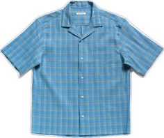 Full length flat shot of Brooklyn Tailors BKT18 Camp Shirt in Roman Check - Ionian Blue Light Blue Collared Camp Shirt For Summer, Blue Camp Collar Shirt For Summer, Summer Blue Shirt With Camp Collar, Summer Light Blue Collared Camp Shirt, Blue Cotton Short Sleeve Shirt For Summer, Light Blue Cotton Short Sleeve Shirt For Summer, Blue Cotton Short Sleeve Summer Shirt, Collared Yarn-dyed Top For Summer, Summer Collared Yarn-dyed Top