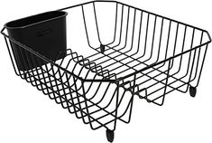 a metal wire basket with two buckets attached to it