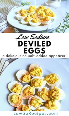 deviled eggs on a white plate with text overlay