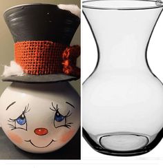 two vases with faces painted on them and one has a top hat in the middle