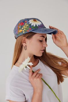 Hand embroidered hat, Embroidered flower hat, Embroidery hat, Embroidered hat, Floral embroideryColor: dark blue baseball cap;Design: hand-embroidered echinacea with wildflowers;Capsize (head circumference): 55 - 67 cm;Fabric: 100% cotton Twill, garment-washed.The quality of the embroidery and baseball hat is superior, I guarantee! ;)I really enjoyed making this, and I hope my customer will enjoy showing it off.🌿PLEASE NOTE I NEED 2 WEEKS TO EMBROIDER THIS HAT FOR YOU🌿Get a 10% off coupon code Spring Baseball Cap With Floral Embroidery, Blue Embroidered Baseball Cap For Summer, Spring Floral Embroidery Baseball Cap, Blue Embroidered Baseball Cap, Embroidered Flower Baseball Cap, One Size, Women Trucker, Vintage Baseball Caps, Colorful Hat, Denim Hat