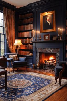 a living room filled with furniture and a fire place in front of a window covered in bookshelves