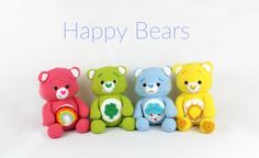 three crocheted teddy bears sitting next to each other on a white background with the words happy bears