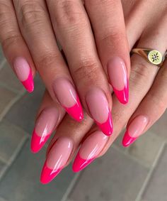 French Nails Hot Pink, Nails Hot Pink, Pink Tip Nails, Almond Nails French, Bright Pink Nails, Neon Pink Nails, Pink French Nails, Emerald Nails, Opal Nails