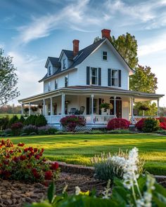 a large white house sitting in the middle of a lush green field with lots of flowers