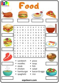 the food word search is shown in this printable activity sheet for kids to learn how to