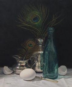 a still life with an egg, vase and feathers