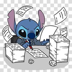 a cartoon character sitting at a desk surrounded by paperwork