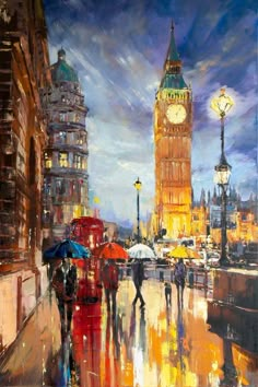 a painting of people walking in the rain with umbrellas and big ben behind them