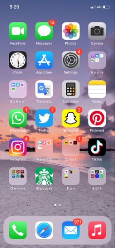 the home screen of an iphone with various icons on it, including different colors and sizes