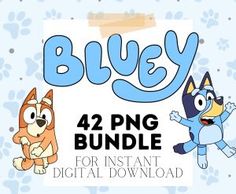 the bluey logo with two cartoon cats and a dog on it, in front of paw prints