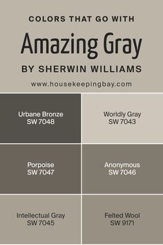 Colors that Go With Amazing Gray SW 7044 by Sherwin Williams Sw 7048 Urbane Bronze, Nc Flag, Anew Gray Sherwin Williams, Sherwin Williams Coordinating Colors, Coordinating Paint Colors, Urbane Bronze, Amazing Gray, Worldly Gray, Anew Gray