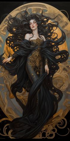 a painting of a woman with long black hair and gold trimmings, standing in front of a golden circle