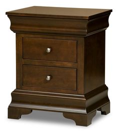 a brown wooden nightstand with two drawers