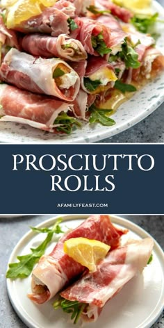 prosciutto rolls on a plate with lemons and parsley