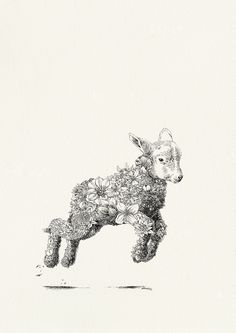 a black and white drawing of a dog with flowers on it's back legs