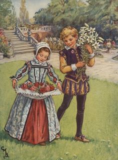 a boy and girl are standing in the grass with flowers on their hands, looking at each other