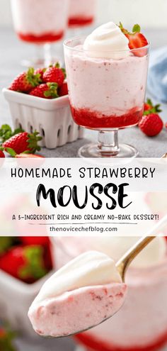 homemade strawberry mousse with whipped cream and fresh strawberries