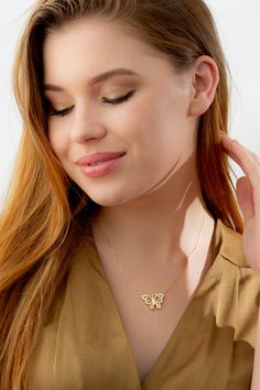 10k 14k 18k Solid Gold Diamond Butterfly Necklace Pendant, Dainty Solid Gold Butterfly Pendant, Elegant Butterfly Necklace is a Great Birthday Gift FEATURES * Solid Gold (real gold, not gold plated or gold filled material) * Gold Karat: 10K (417) - 14K (585) - 18K (750) (optional) * Pendant Height: 0.74 Inches (1.88 cm) * Pendant Width: 0.99 Inches (2.51 cm) * Available Gold Color: Yellow gold, rose gold and white gold (optional) * Diamond weight: 0.84 ct * Diamond color: G-H Color * Diamond cla Diamond Butterfly Necklace, Diamond Star Necklace, Thick Necklace, Butterfly Necklace Gold, Diamond Butterfly, Gold Diamond Necklace, Diamond Star, Great Birthday Gifts, Gold Butterfly