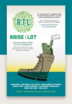 a poster for an event with a frog on top of a boot and the words raise lot