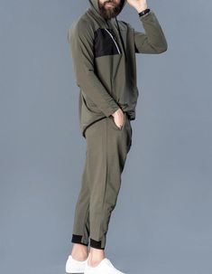 QL IM Tracksuit Hoodie Top & Drop Crotch Jogger Sirwal in Khaki Khaki Suit, Boys Joggers, Sports Style