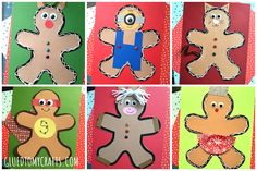 six different gingerbread cut outs are shown