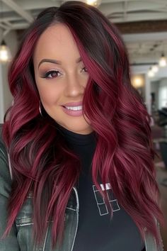 Red Front Highlights On Dark Hair, Burgundy Halo Hair, Red And Dark Hair, Burgundy With Blonde Money Piece, Highlights Ideas For Black Hair, Colorful Hair Dye Ideas, Hair Color With Highlights Ideas, Black To Red Hair, Purple And Red Hair