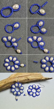 four pictures showing how to make beaded earrings with beads and pearls on them, including two